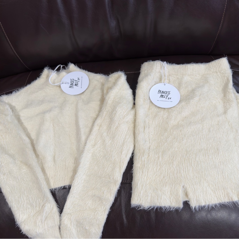 Princess Polly Off White Fuzzy Knit Sweater and Skirt Set, Size M/L